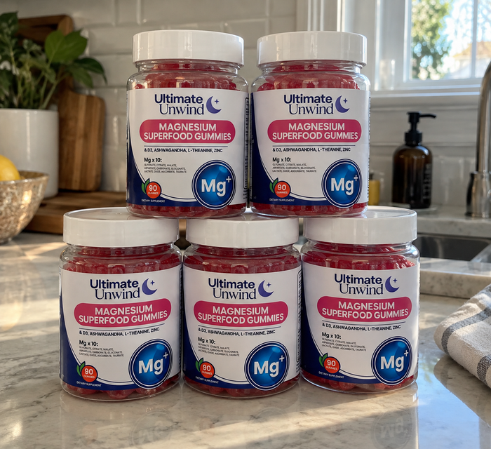 Ultimate Unwind magnesium gummy bottles grouped on a kitchen counter