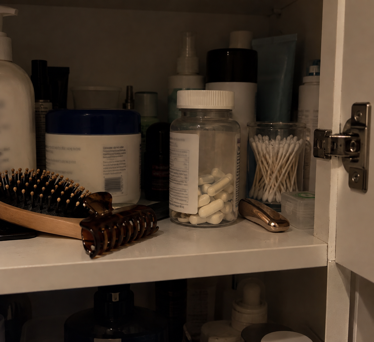 A half-used bottle of generic magnesium tablets sitting in a bathroom cabinet