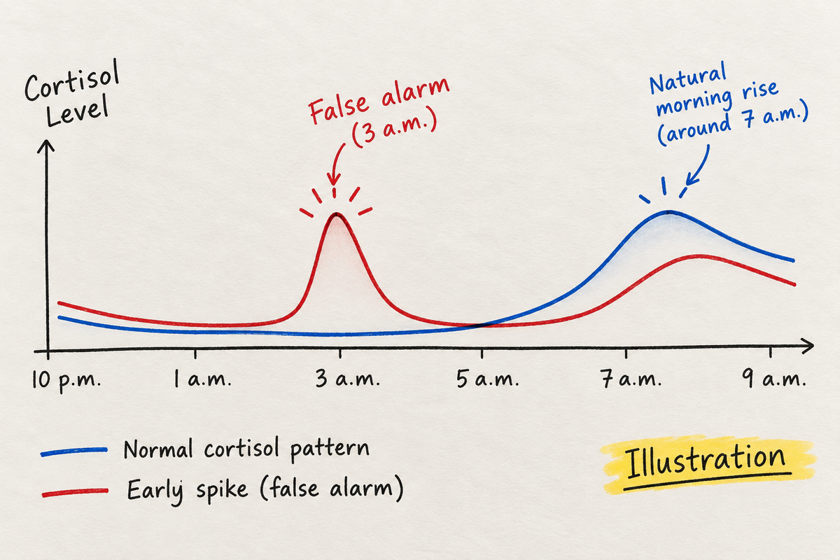 Simple illustration comparing a normal overnight cortisol curve that rises near 7 a.m. with one that rises early around 3 a.m.